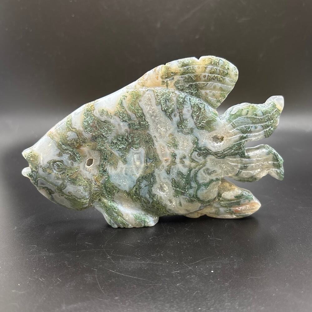 Amazing Moss Agate Crystal Fish Carving with Druzy Pockets